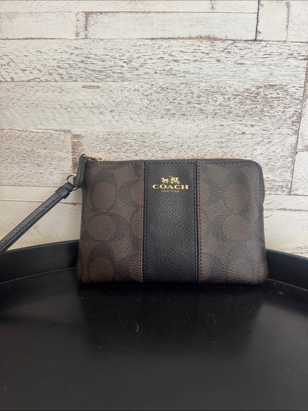 Coach Brown & Black Signature Wristlet with Gold Logo